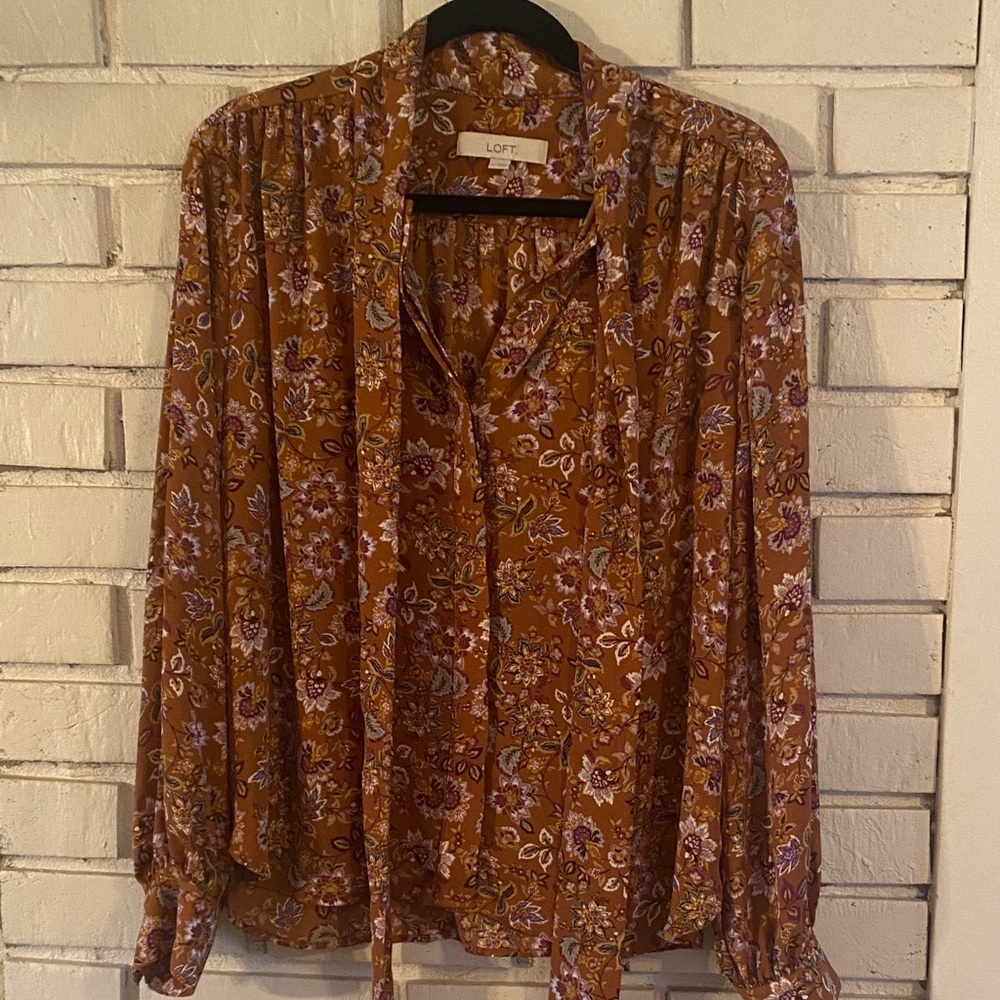 Loft Fall Floral Long Sleeve Blouse Tie Neck